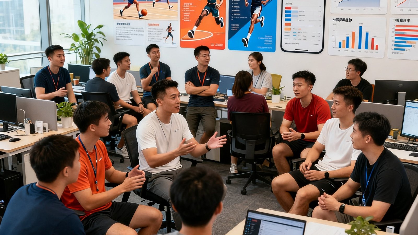 满冠体育团队照片：62名员工在开放办公区热烈讨论体育App评测标准，墙上贴着各种体育海报和数据图表